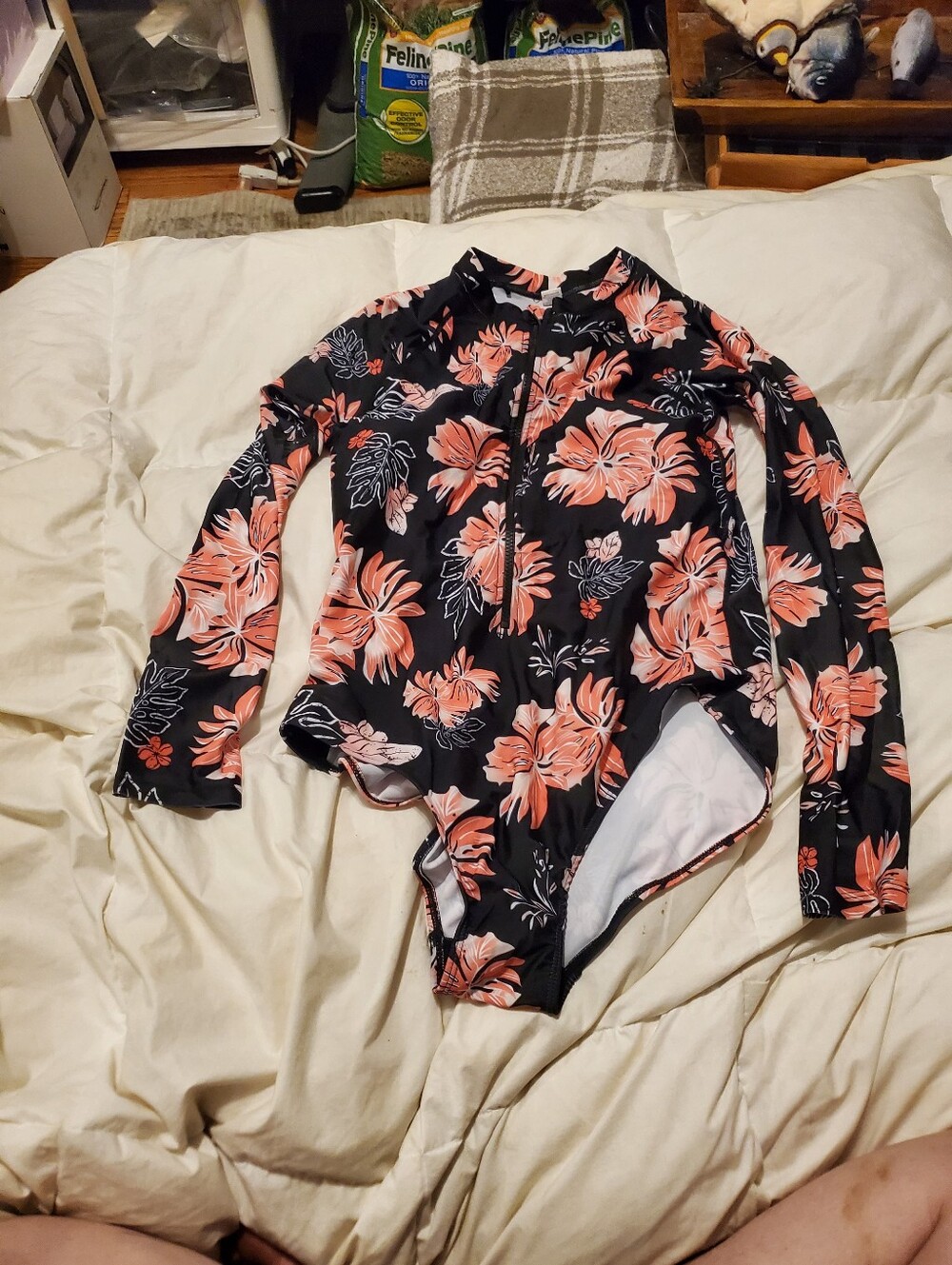 Long-Sleeve Floral One-Piece Swimsuit - Black with Pink Flowers NWOT - Picture 6 of 7